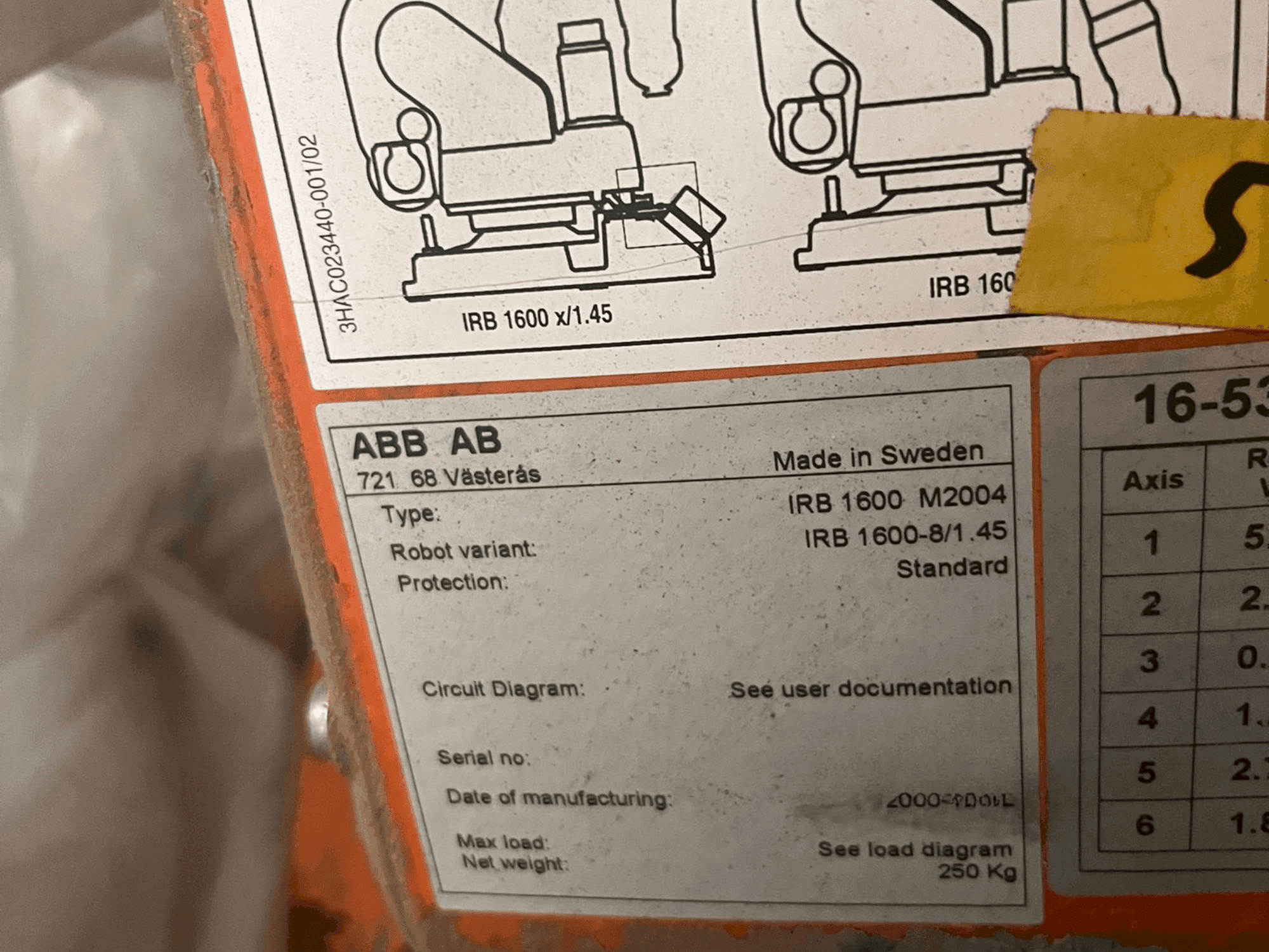 Makine  ABB IRB 1600 M2004 - Etiket