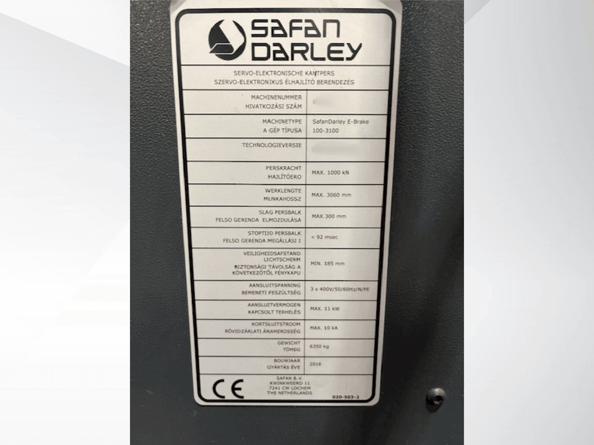 Makine  Safan E Brake 100 3100 - Önden görünüm